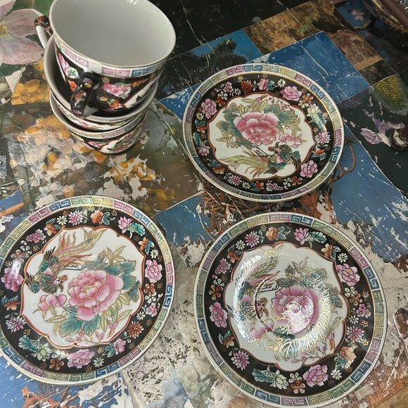 3 Asian Theme Floral and Birds Tea Cup and Saucer Sets Gold Trim - Picture 6 of 16
